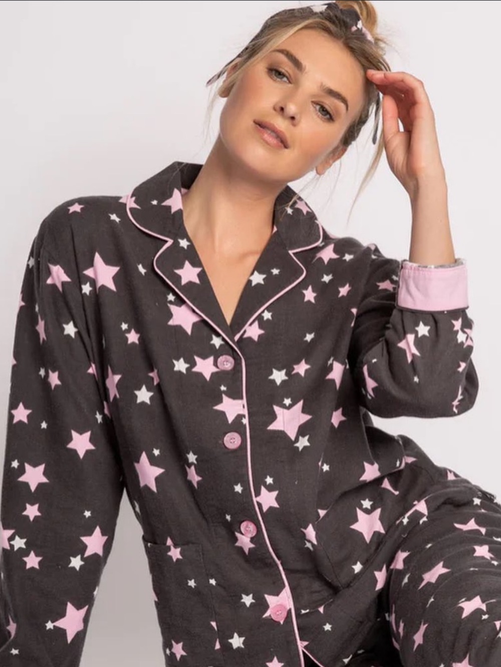 PJ Salvage Printed Flannel Pajama Set Star Print Pajama Set Gray XS NWT